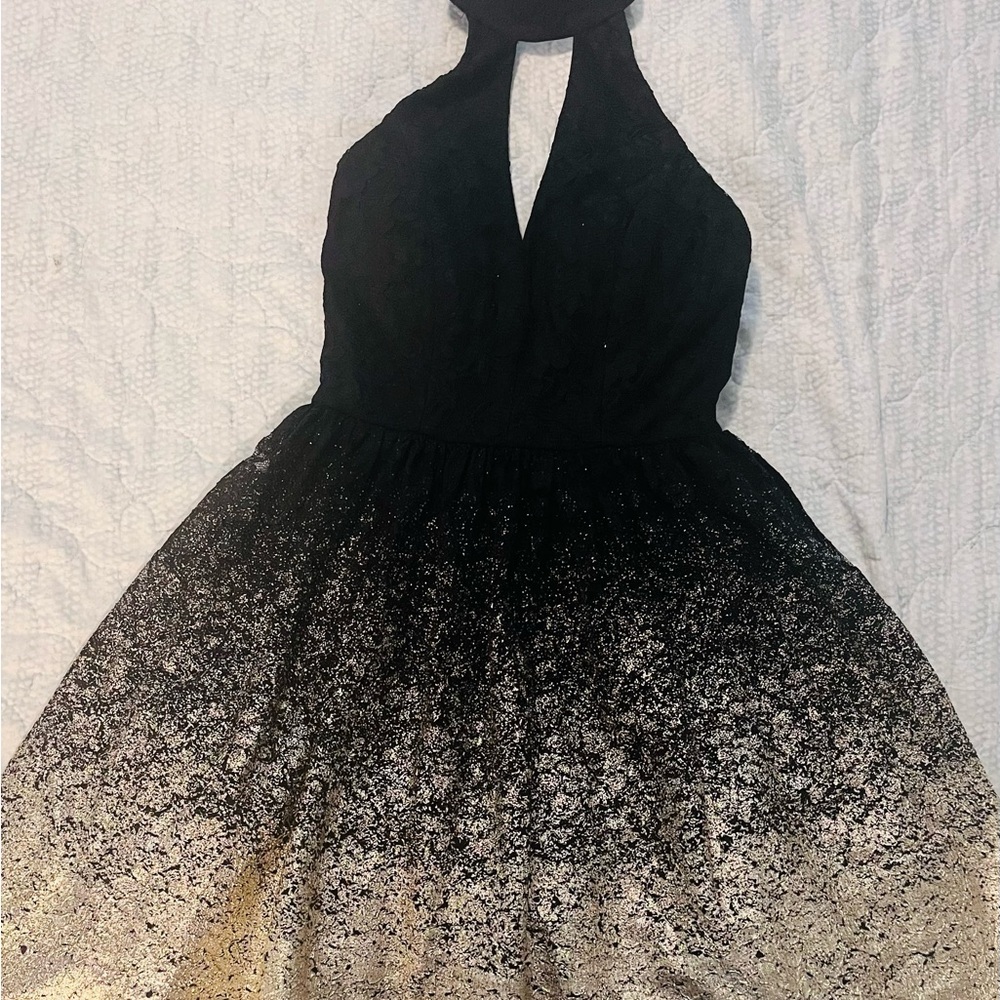 B Darlin Black and Gold Backless Dress